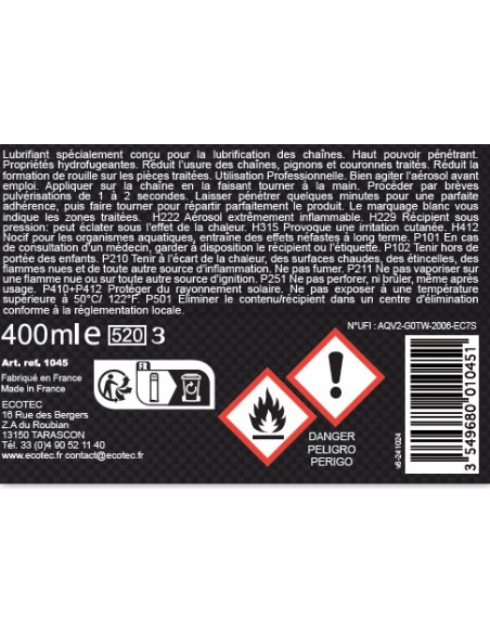 Lubrifiant Chaînes Réd la formation de rouille sur les pièces traitées