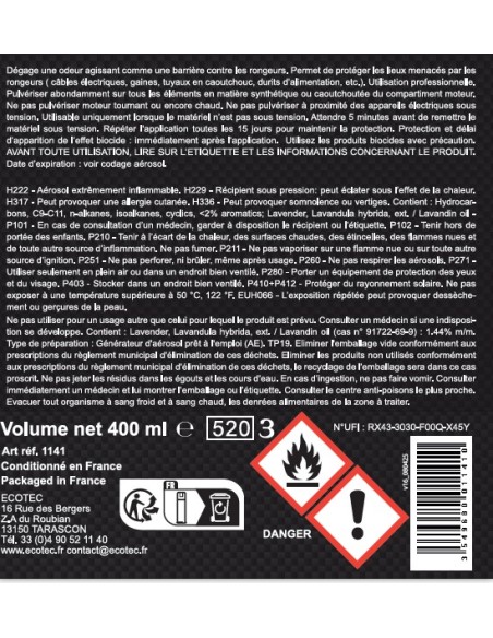 Répulsif anti-rongeurs. Protège les compartiments moteurs.