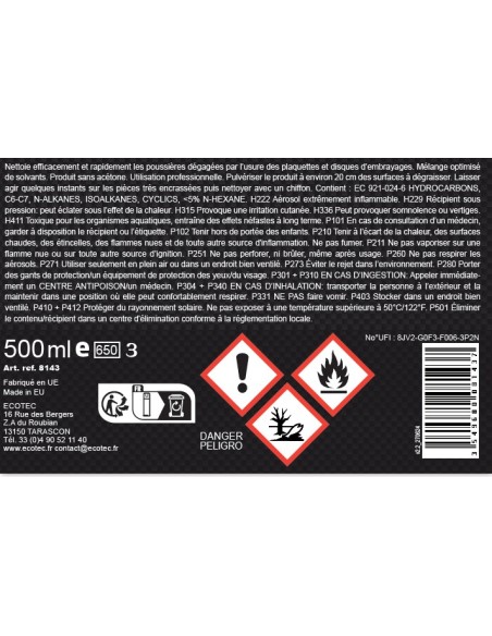 Nettoyant freins et embrayages. Rétablit l’efficacité du freinage.