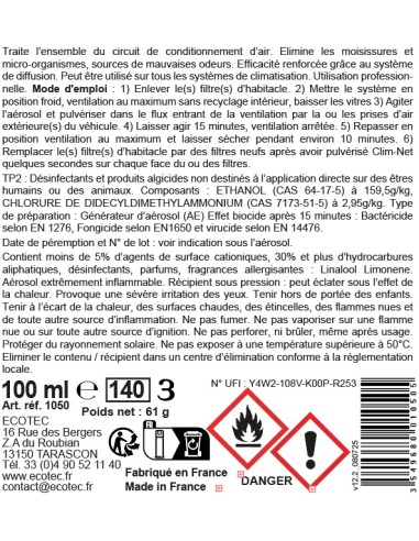 Nettoyant climatisation et ventilation voitures.