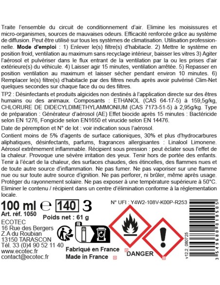 Nettoyant climatisation et ventilation voitures.